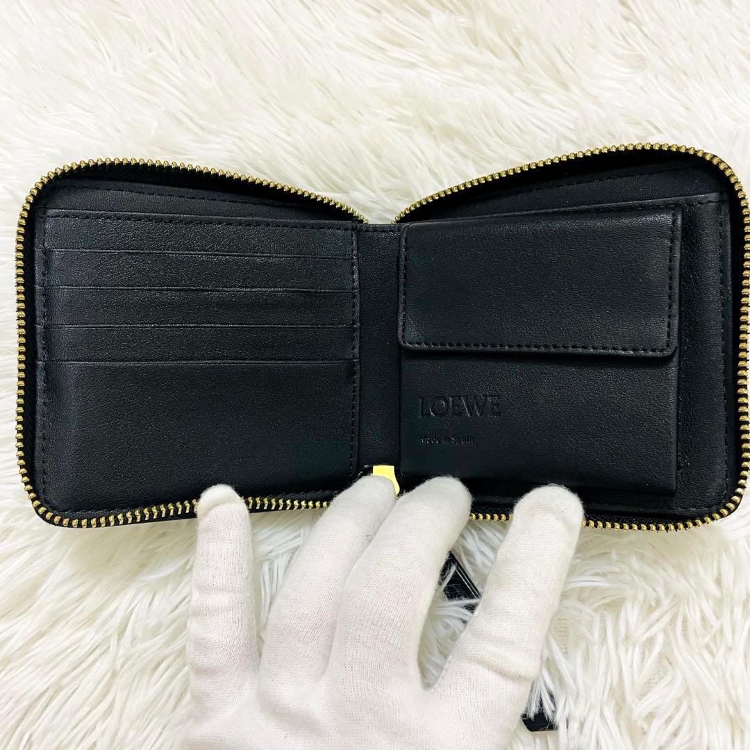 極美✨LOEWE 二つ折り ラウンドファスナー スクエア レザー ブラック