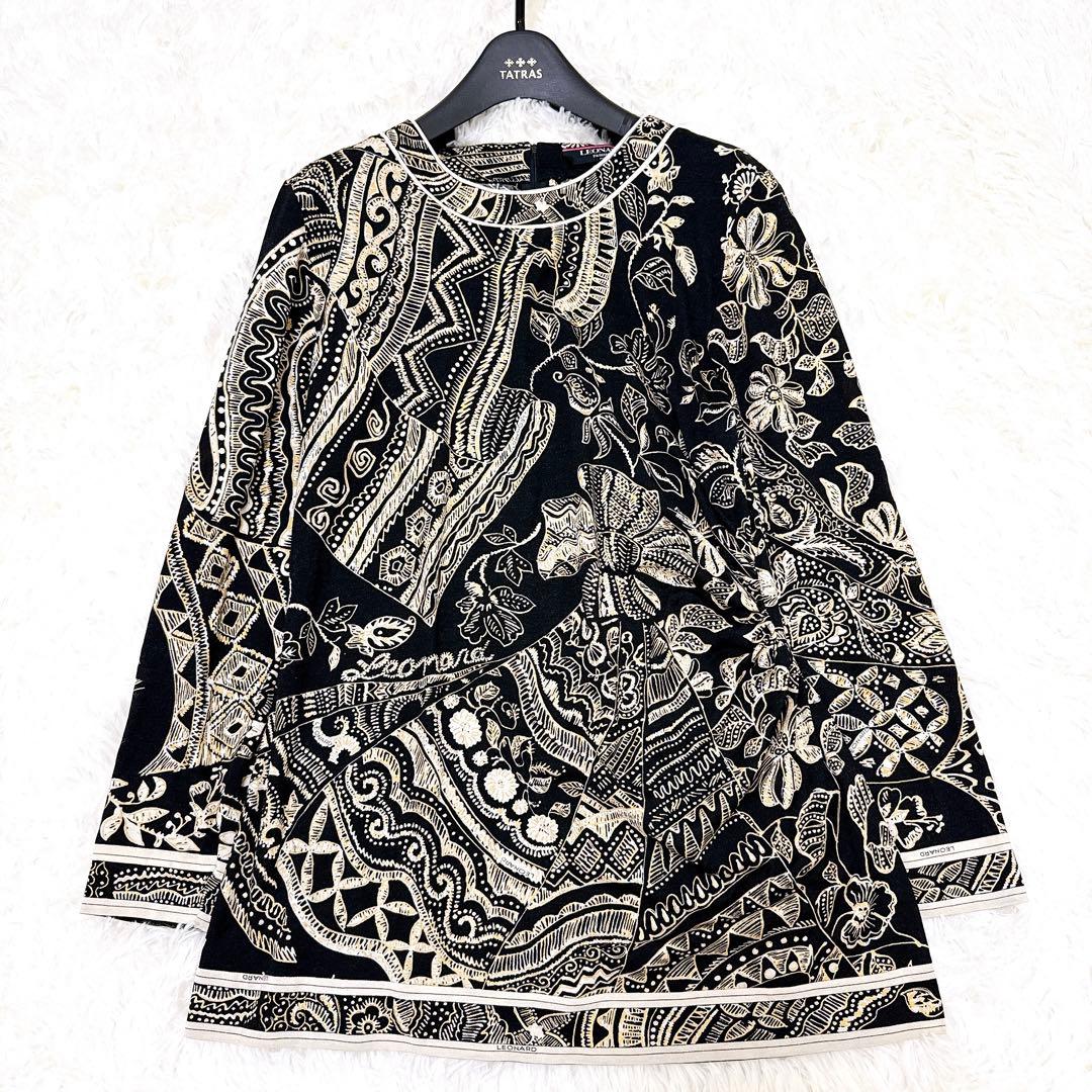 レオナール　チュニック　花柄　トリム　ウール　シルク　ロゴ　トリム　サイズL