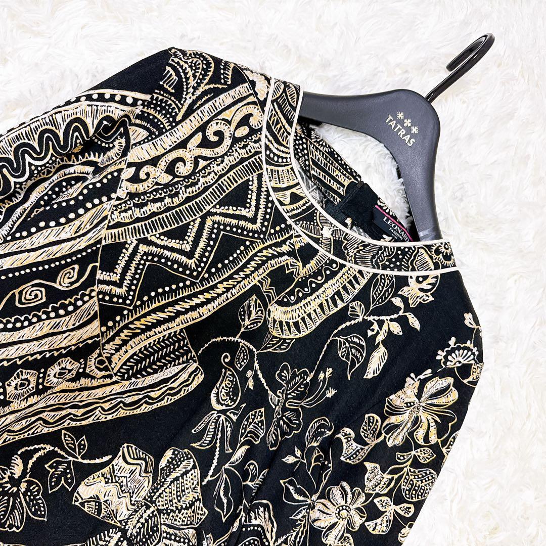 レオナール　チュニック　花柄　トリム　ウール　シルク　ロゴ　トリム　サイズL