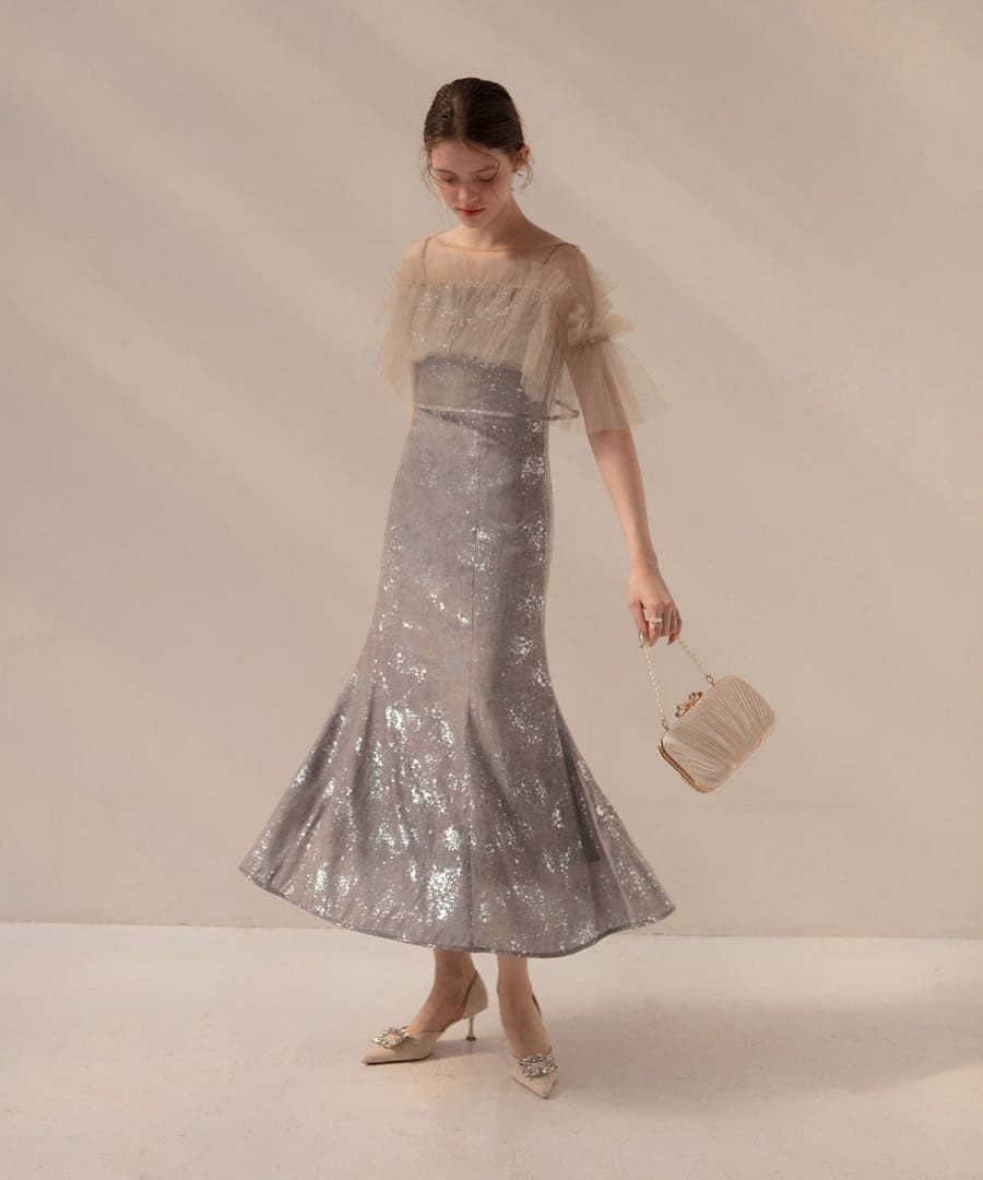 LEJA チュールフリルボレロペイントマーメイドドレス グレー　M