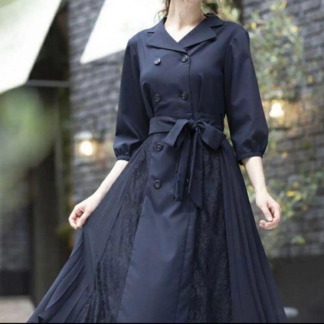 ローズティアラ レース プリーツ切替 ベルト トレンチ風 ロングワンピース 42