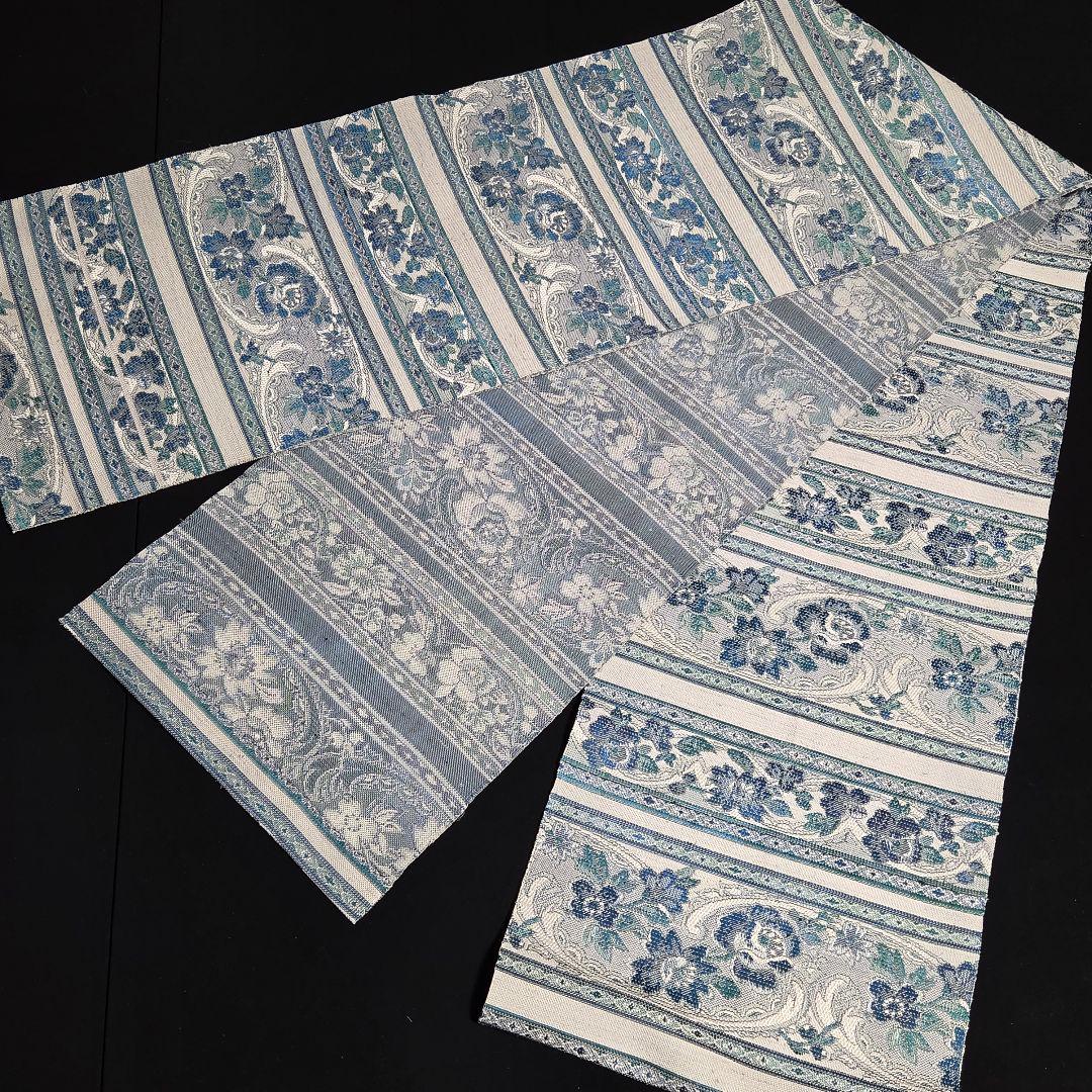 着物と帯京月花 m3791 ■ボーダー花唐草紬正絹名古屋帯/八寸/開き仕立て■