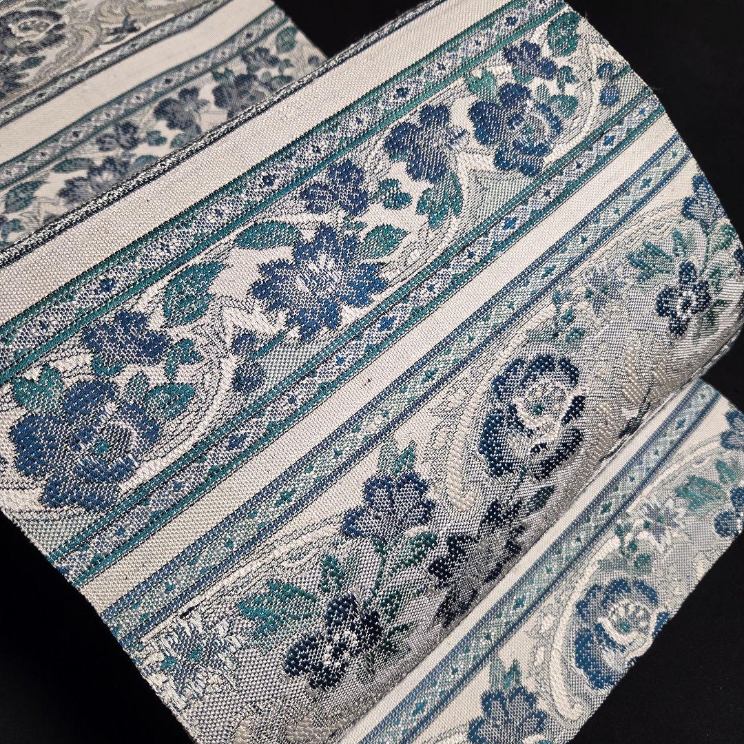 着物と帯京月花 m3791 ■ボーダー花唐草紬正絹名古屋帯/八寸/開き仕立て■