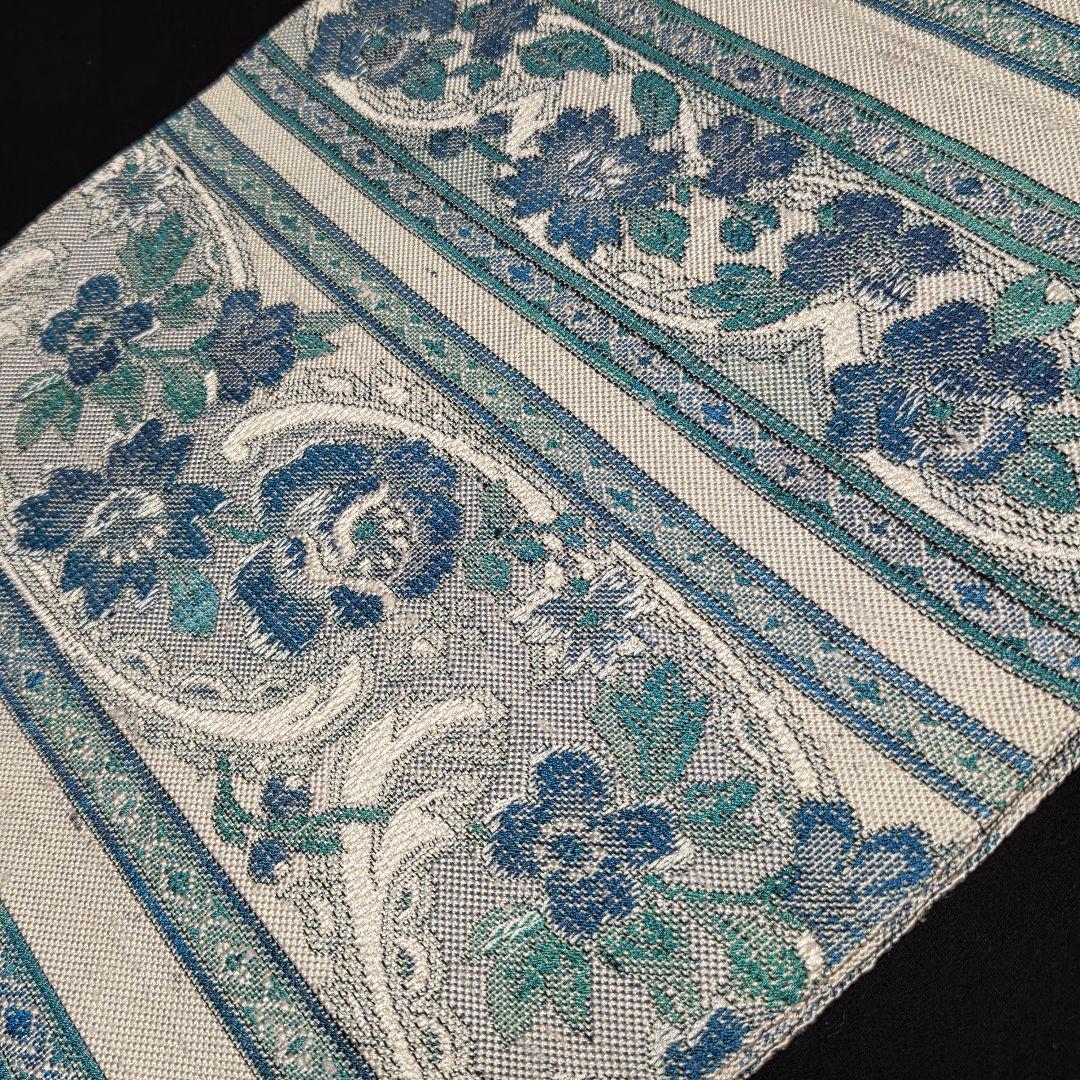 着物と帯京月花 m3791 ■ボーダー花唐草紬正絹名古屋帯/八寸/開き仕立て■