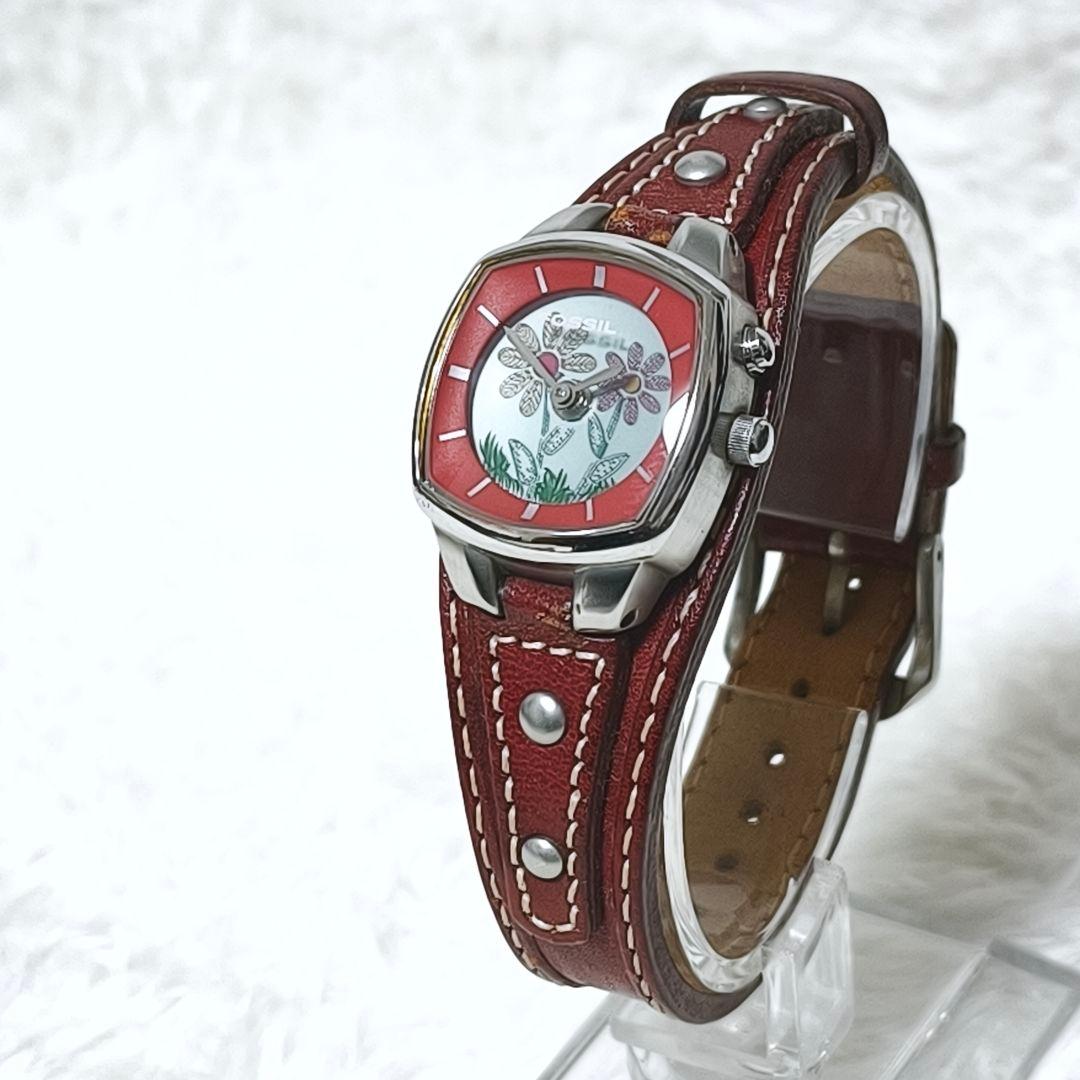 良品✨ FOSSIL BIG TIC フラワー 花 腕時計 レザー 稼働品 廃盤