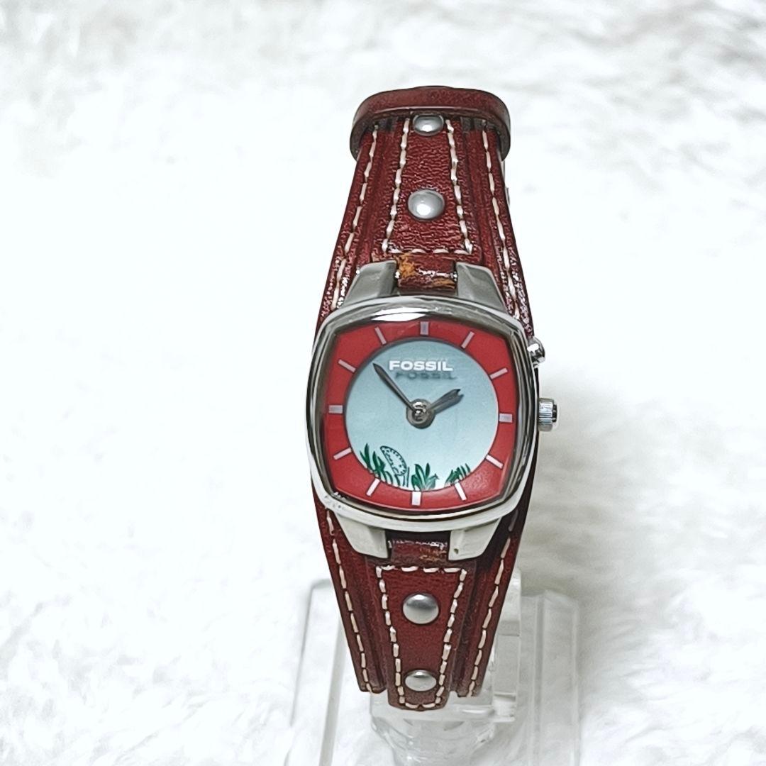 良品✨ FOSSIL BIG TIC フラワー 花 腕時計 レザー 稼働品 廃盤