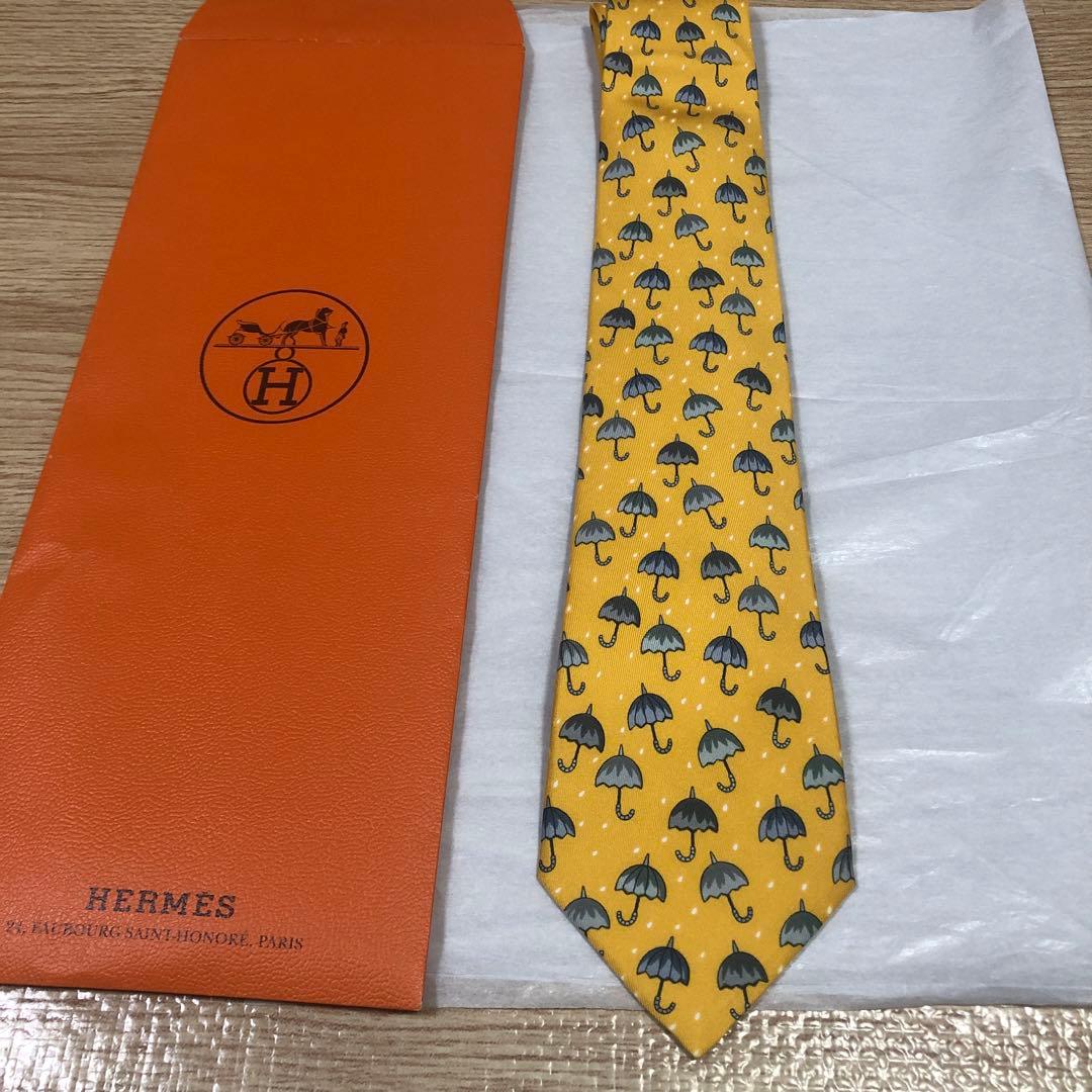 【限定値下未使用袋付】HERMES 最高級シルクプリントネクタイ 傘柄 イエロー