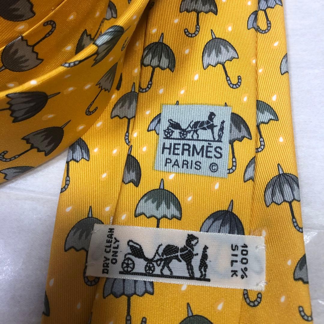 【限定値下未使用袋付】HERMES 最高級シルクプリントネクタイ 傘柄 イエロー