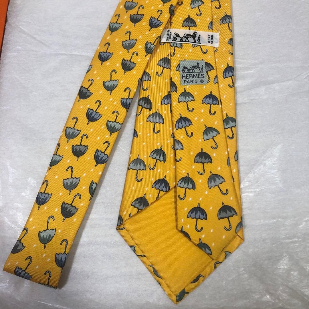 【限定値下未使用袋付】HERMES 最高級シルクプリントネクタイ 傘柄 イエロー