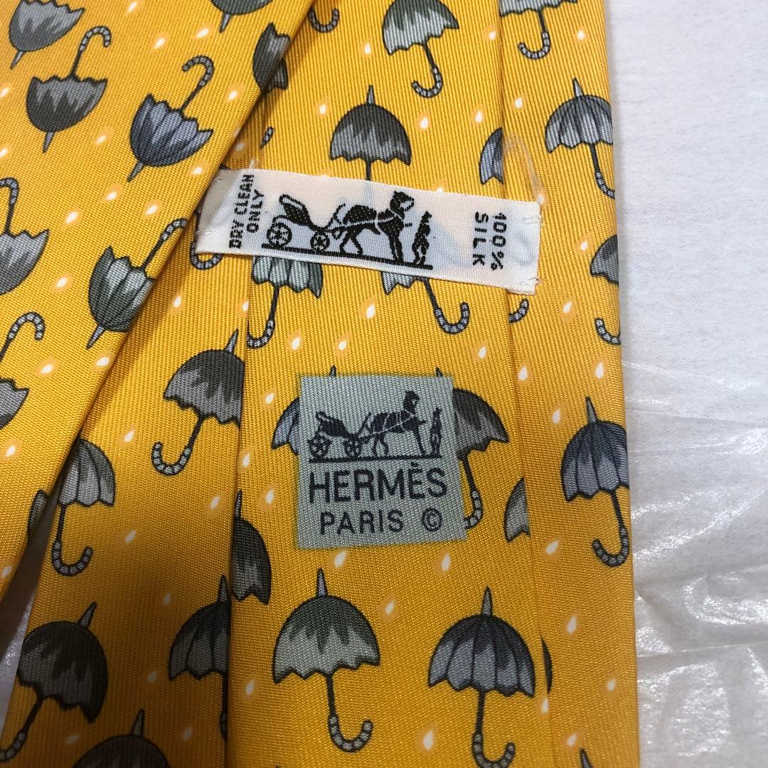 【限定値下未使用袋付】HERMES 最高級シルクプリントネクタイ 傘柄 イエロー