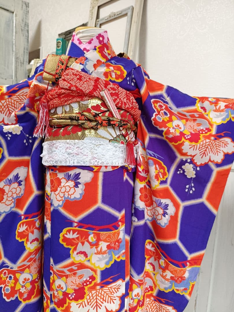 専用です☆☆アンティーク青紫に大きな亀甲模様が美しい着物