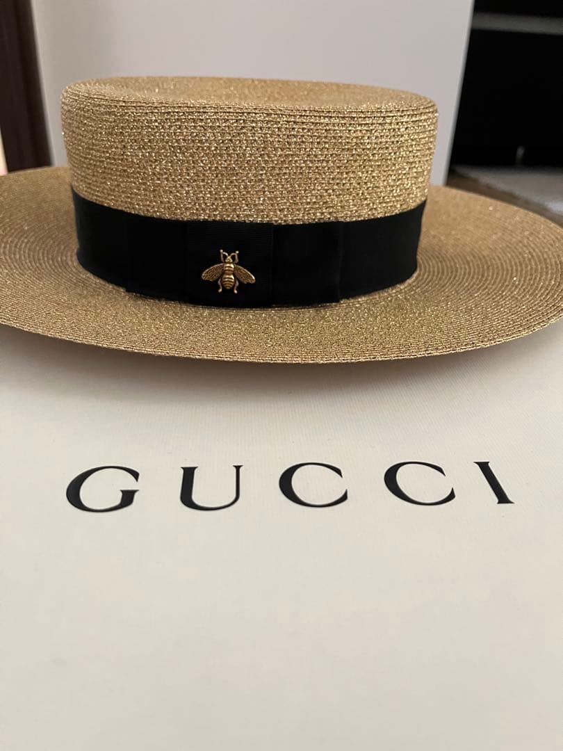 専用、箱付きGUCCI リボン帽子　麦わら帽子　かんかん帽　ラメ　リボン　美品
