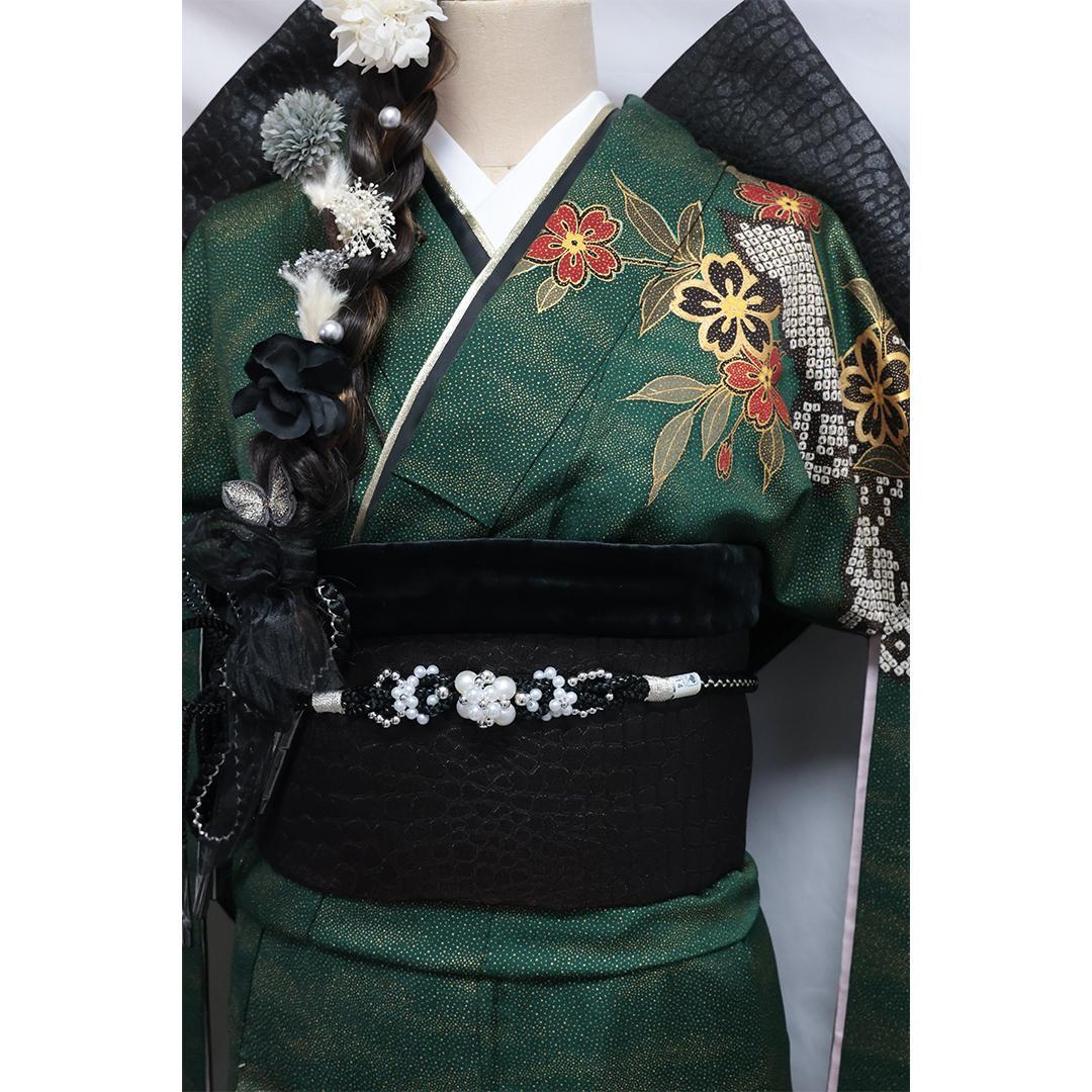 人気色深緑！◆ 振袖6点セット ◆帯帯締め小物付成人式前撮りフルセット20As
