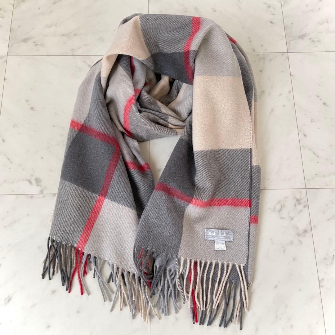 美品✨ジョシュアエリス 大判ストール チェック カシミヤ100% グレー レッド