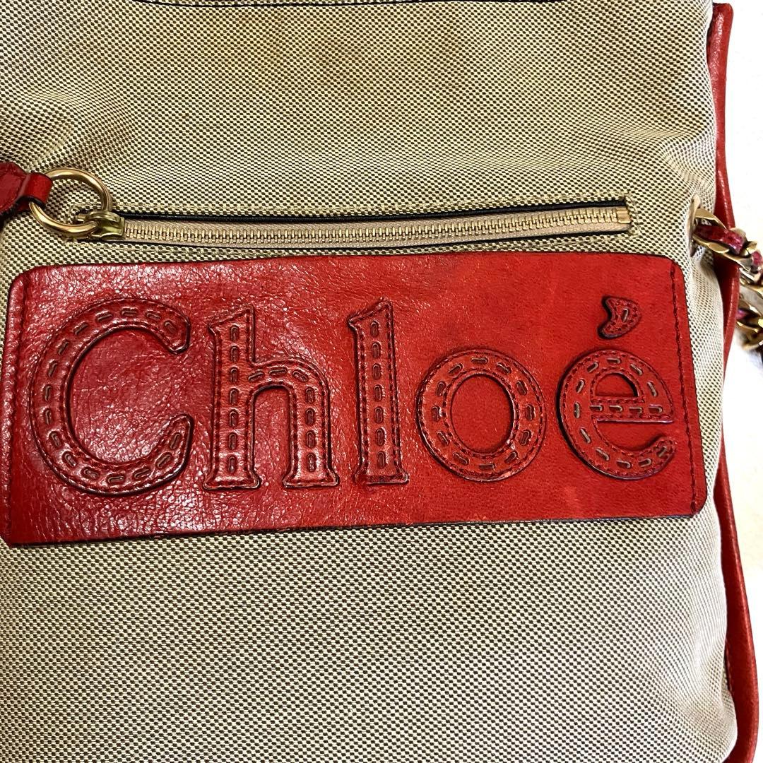 クロエ ハーレー キャンバス レザー ショルダーバッグ 斜め掛け 赤