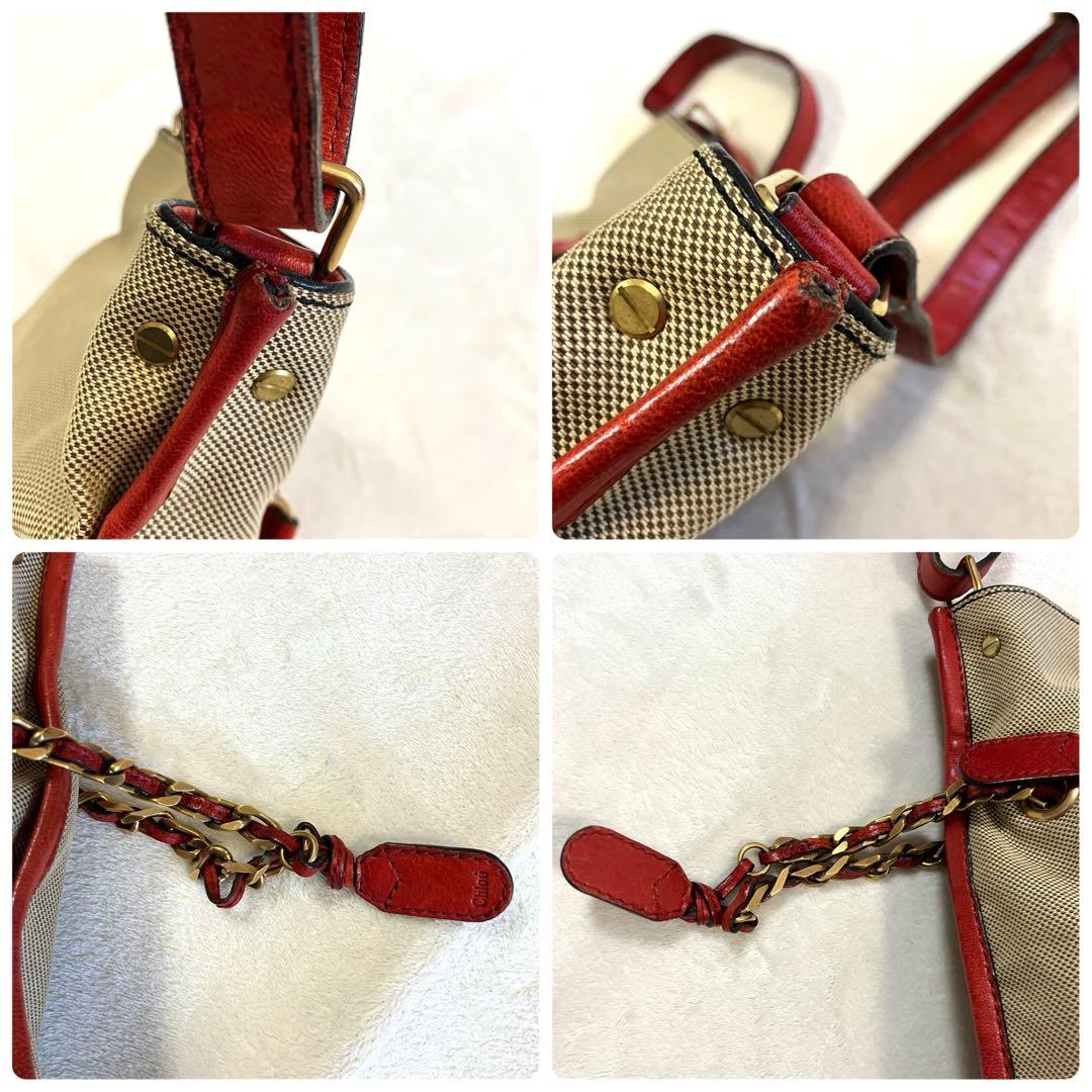 クロエ ハーレー キャンバス レザー ショルダーバッグ 斜め掛け 赤