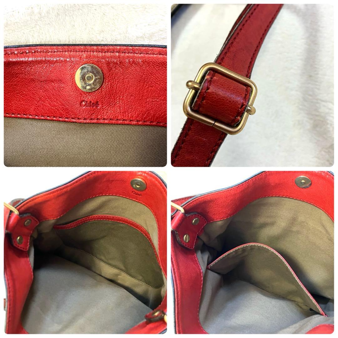 クロエ ハーレー キャンバス レザー ショルダーバッグ 斜め掛け 赤