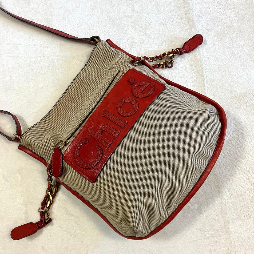 クロエ ハーレー キャンバス レザー ショルダーバッグ 斜め掛け 赤
