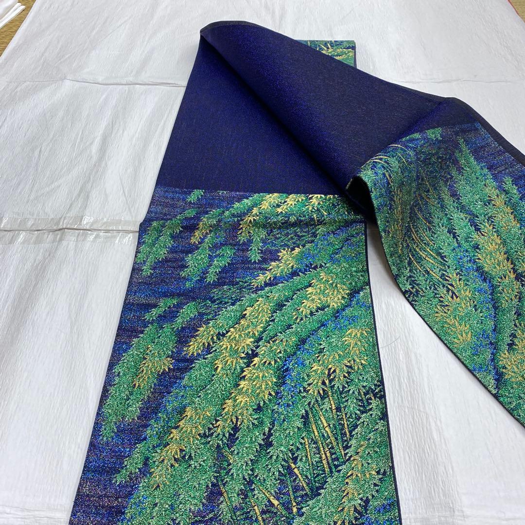 7375 未使用品　袋帯 正絹 六通 訪問着 色無地　付下　竹林　青　紫　緑