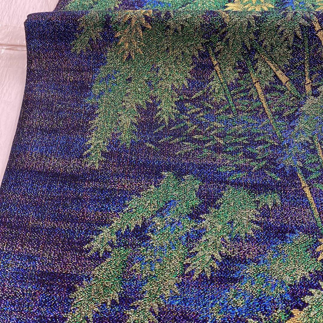 7375 未使用品　袋帯 正絹 六通 訪問着 色無地　付下　竹林　青　紫　緑