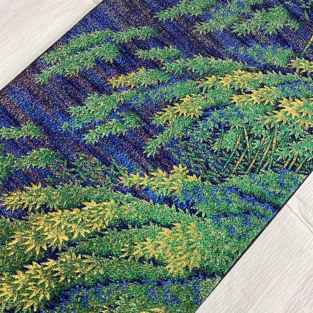 7375 未使用品　袋帯 正絹 六通 訪問着 色無地　付下　竹林　青　紫　緑