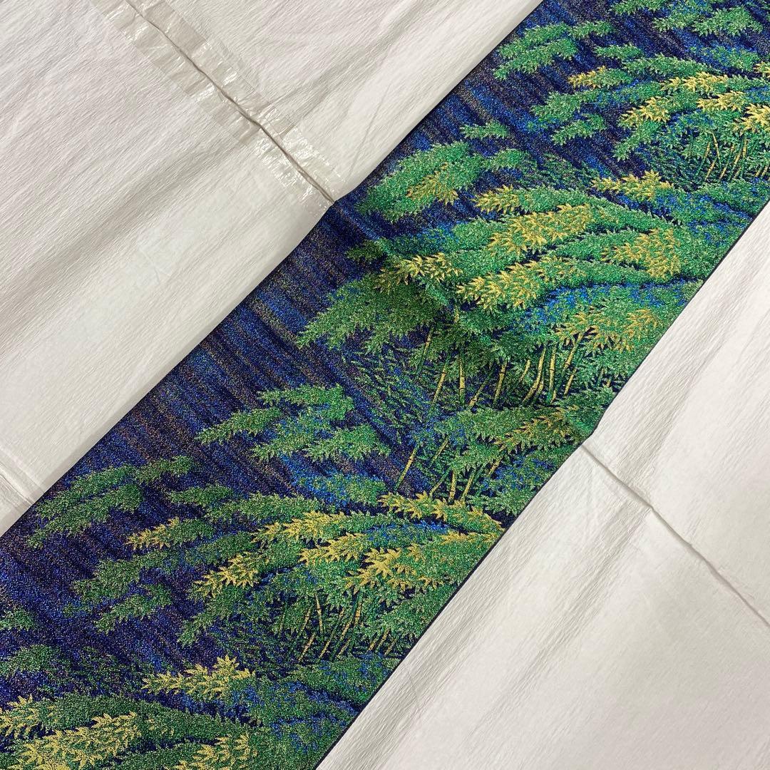 7375 未使用品　袋帯 正絹 六通 訪問着 色無地　付下　竹林　青　紫　緑