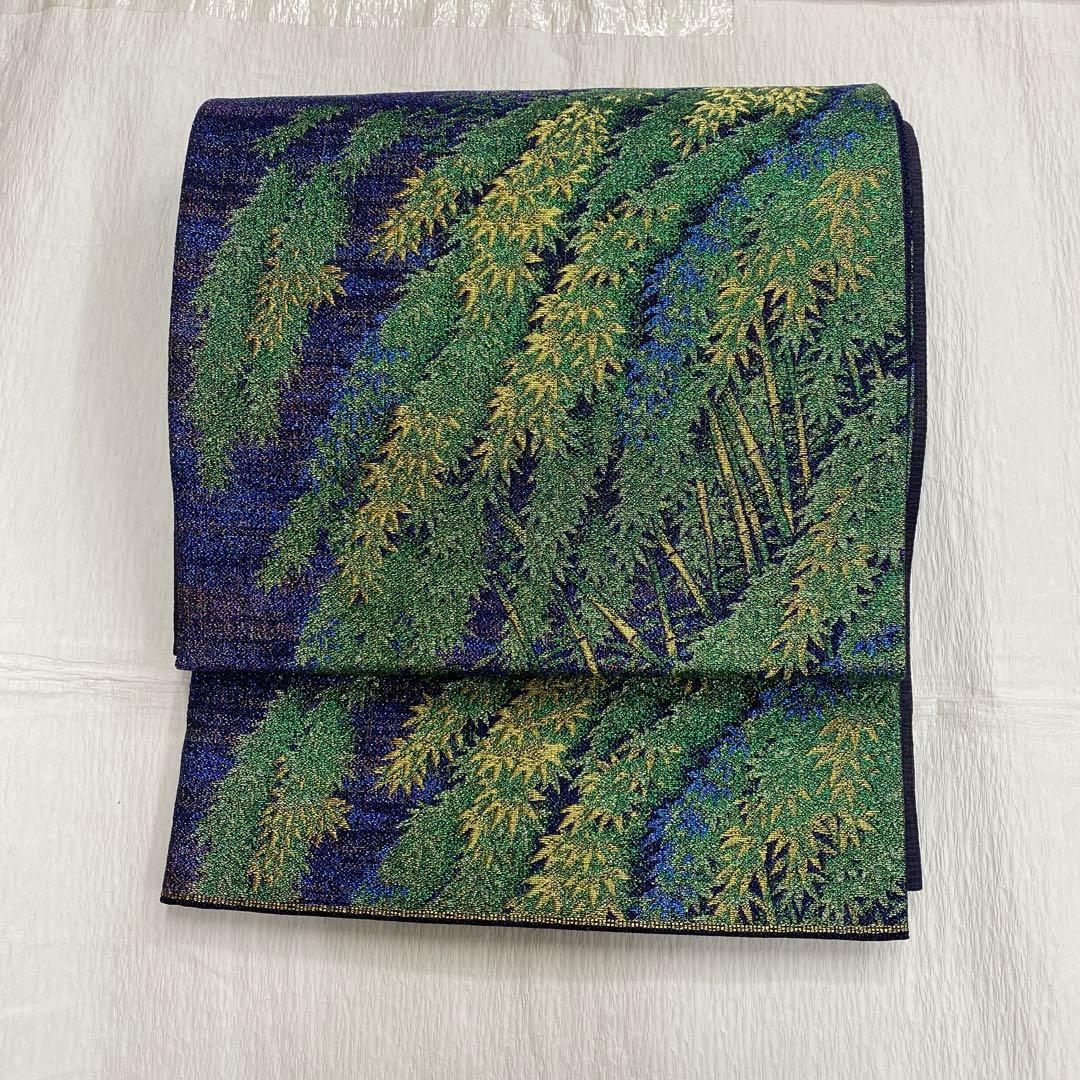 7375 未使用品　袋帯 正絹 六通 訪問着 色無地　付下　竹林　青　紫　緑