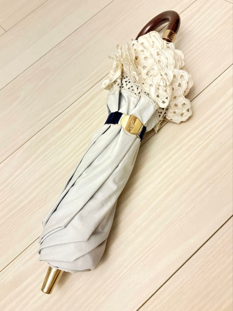 【美品】ラルフローレン 日傘 長傘 白 レース 刺繍 フリル 上品 晴雨兼用