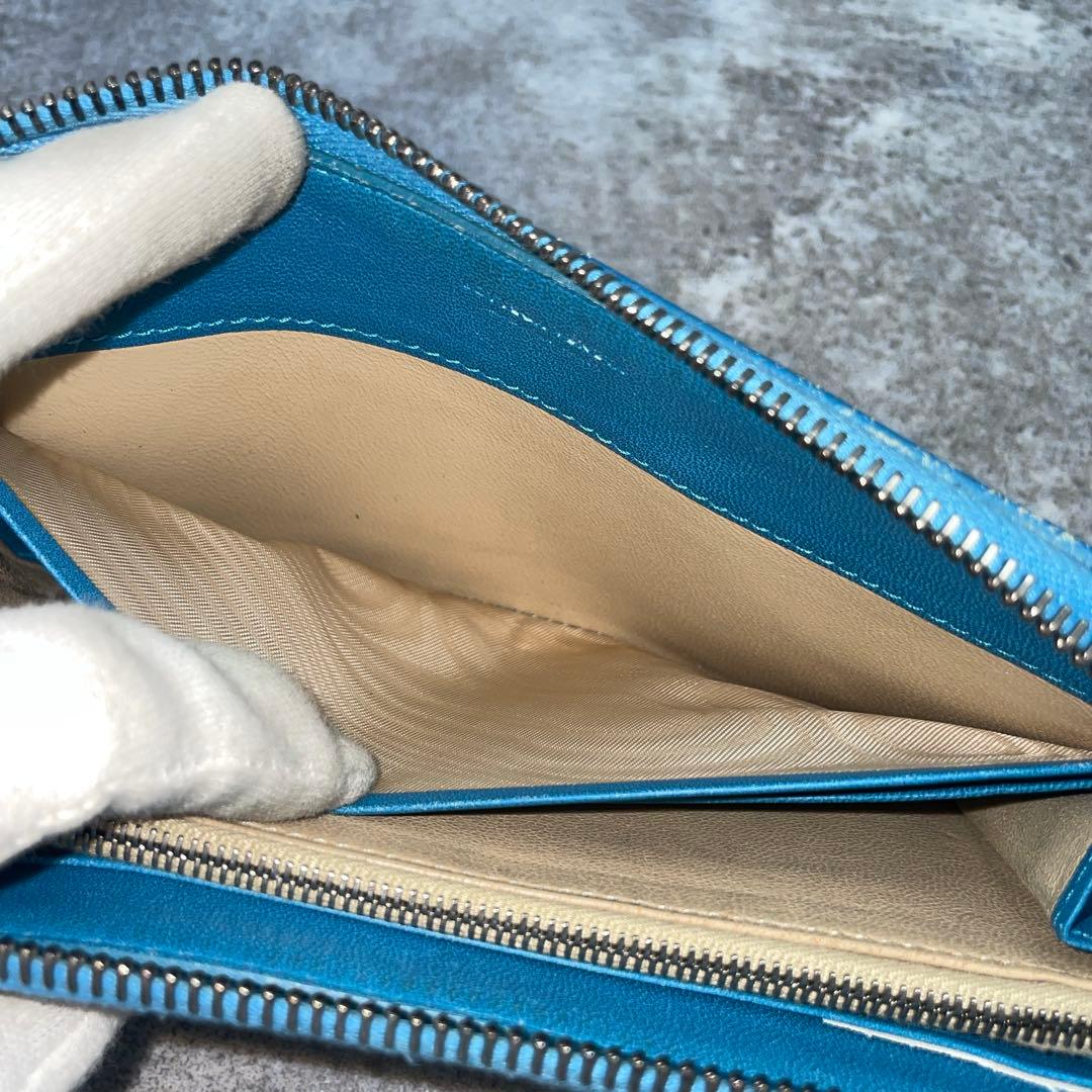 【微美品】ボッテガヴェネタ　長財布　イントレチャート　青　ラウンドファスナー