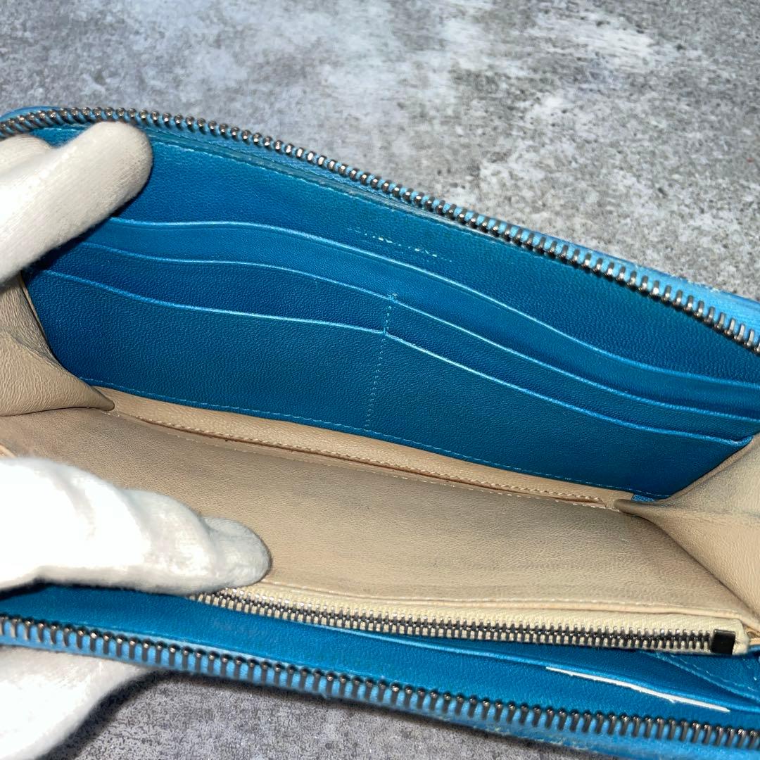 【微美品】ボッテガヴェネタ　長財布　イントレチャート　青　ラウンドファスナー