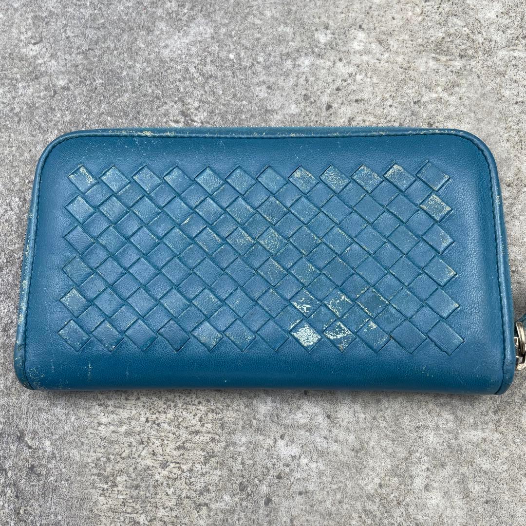 【微美品】ボッテガヴェネタ　長財布　イントレチャート　青　ラウンドファスナー
