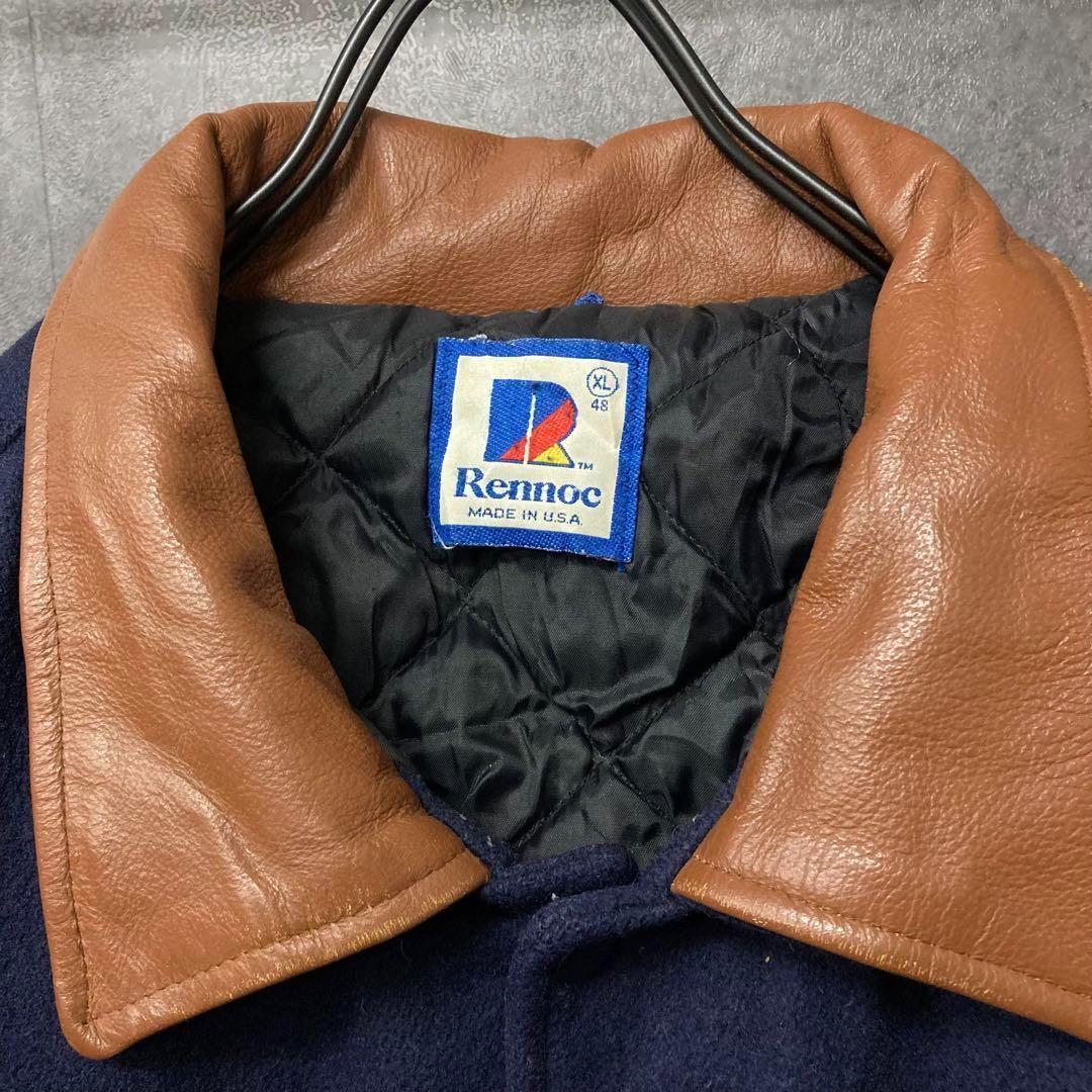《US古着》企業 ウール・レザー 本革 中綿 スタジャン 刺繍ロゴ メンズXL