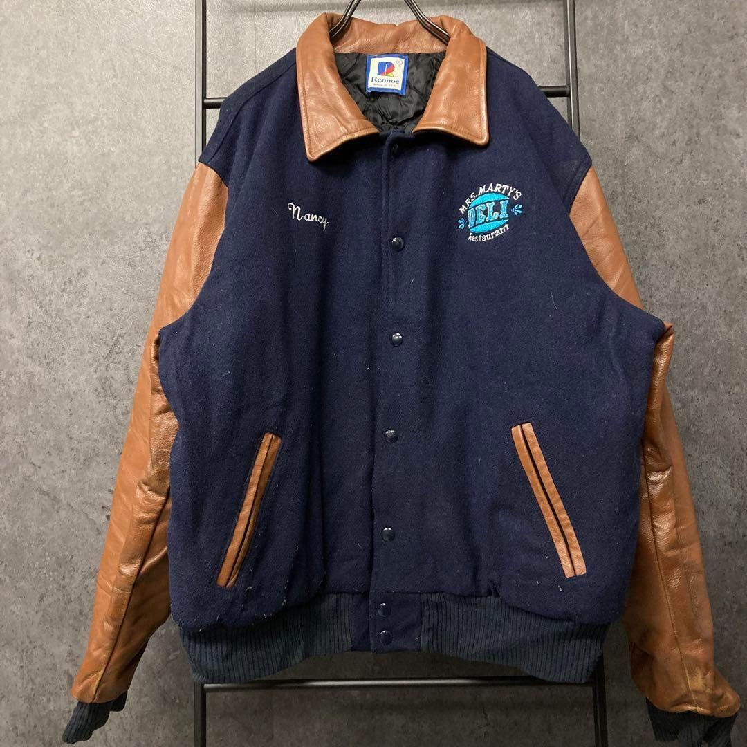 《US古着》企業 ウール・レザー 本革 中綿 スタジャン 刺繍ロゴ メンズXL