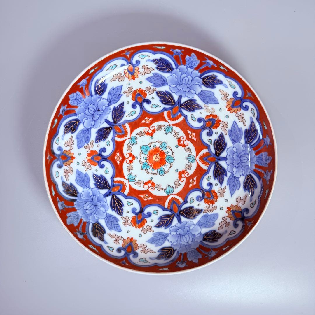 専用出品　明治期　蘭マーク無し「深川製」　赤絵花唐草七寸皿　希少品　深川忠次