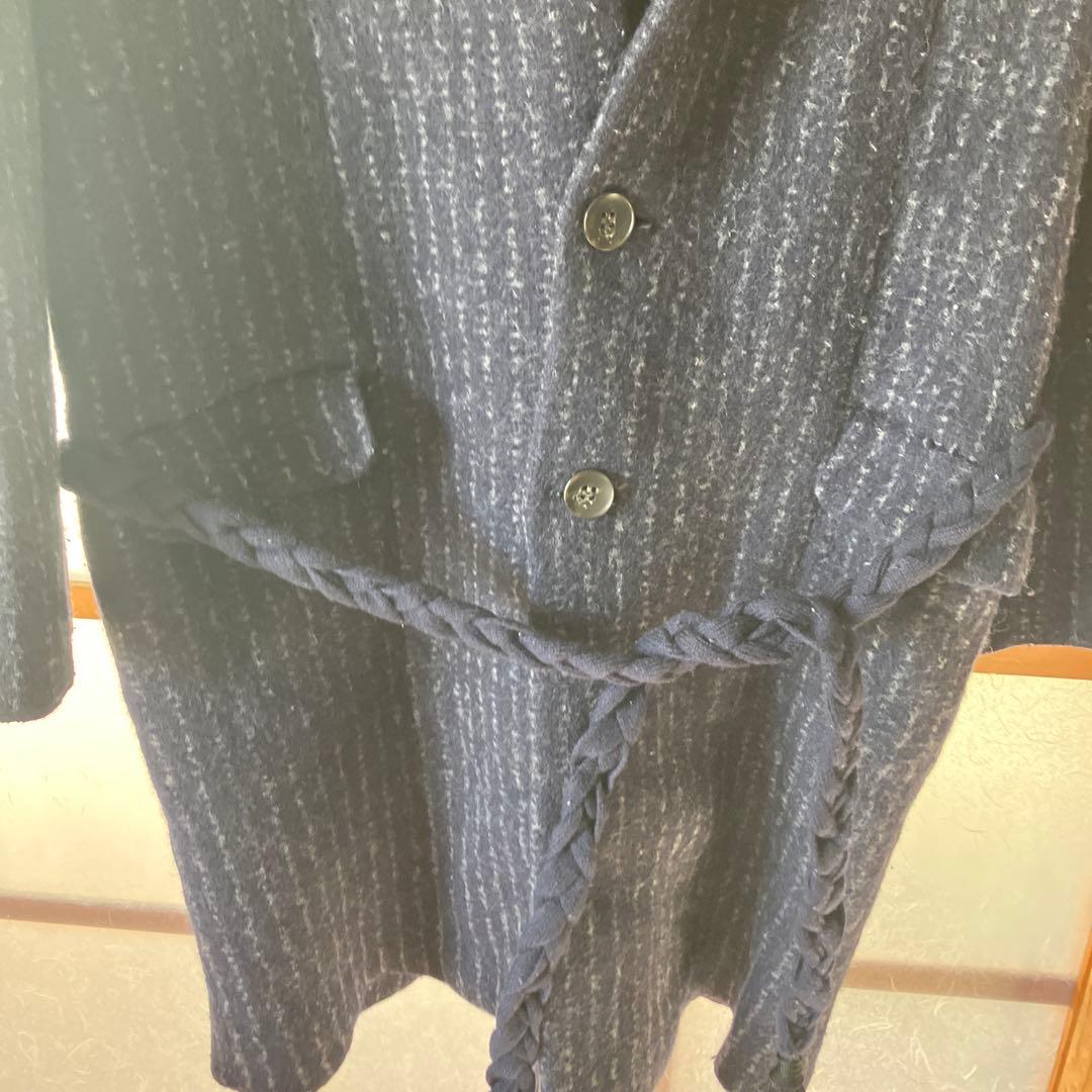 IKIJI ウールロングジャケット　イキジ　ガウン　ネイビー　ストライプ　コート