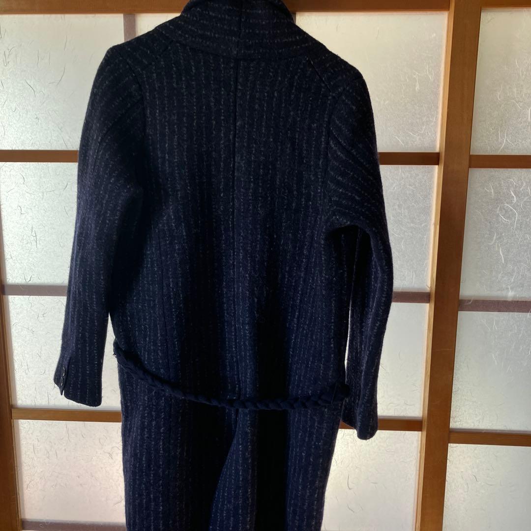IKIJI ウールロングジャケット　イキジ　ガウン　ネイビー　ストライプ　コート