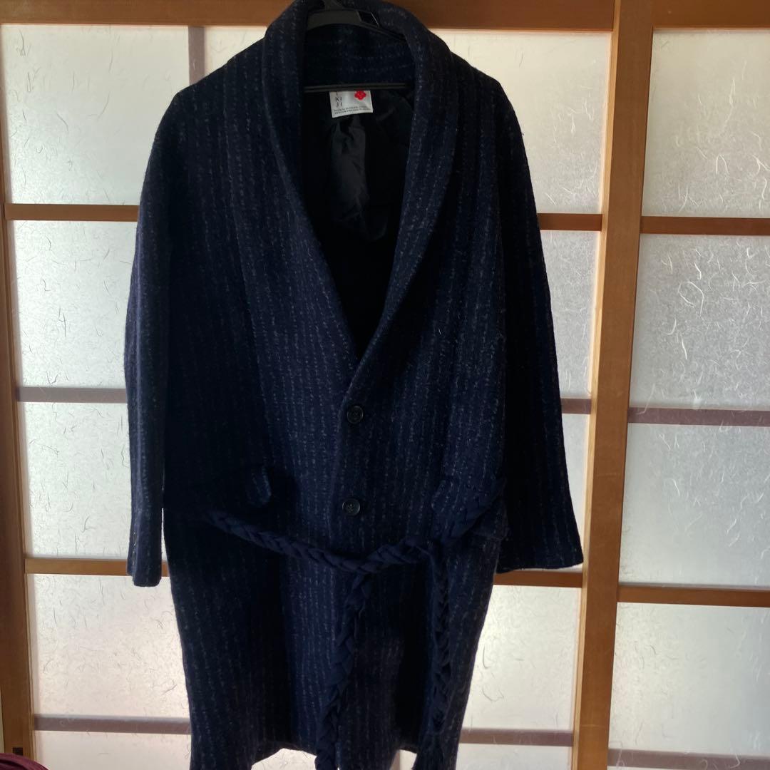 IKIJI ウールロングジャケット　イキジ　ガウン　ネイビー　ストライプ　コート