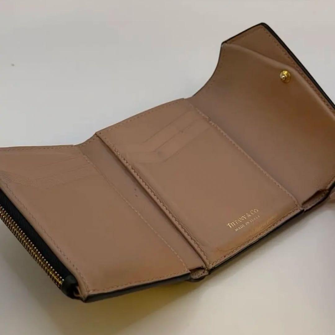 TIFFANY&Co. Tウォレット　三つ折り財布 レザー ブラック ピンク