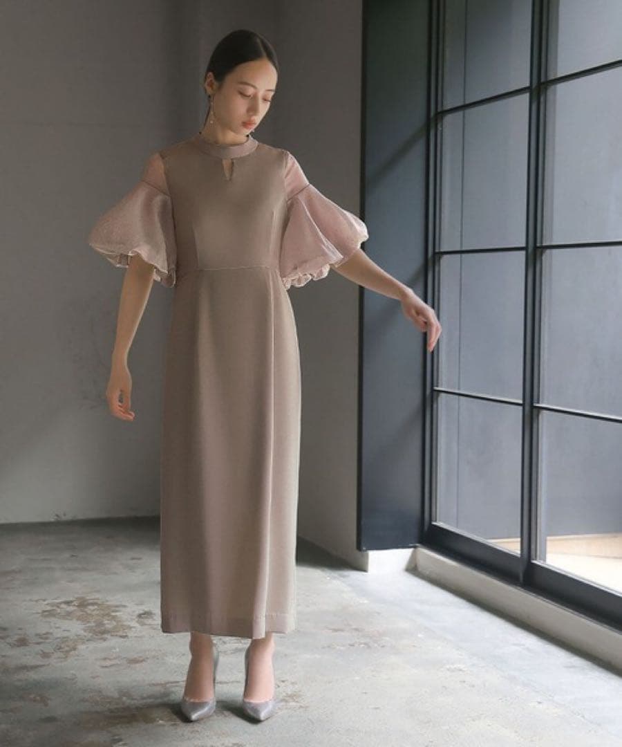 バルーン袖異素材ドッキング Iライン ロングワンピース　ドレス【GIRL】