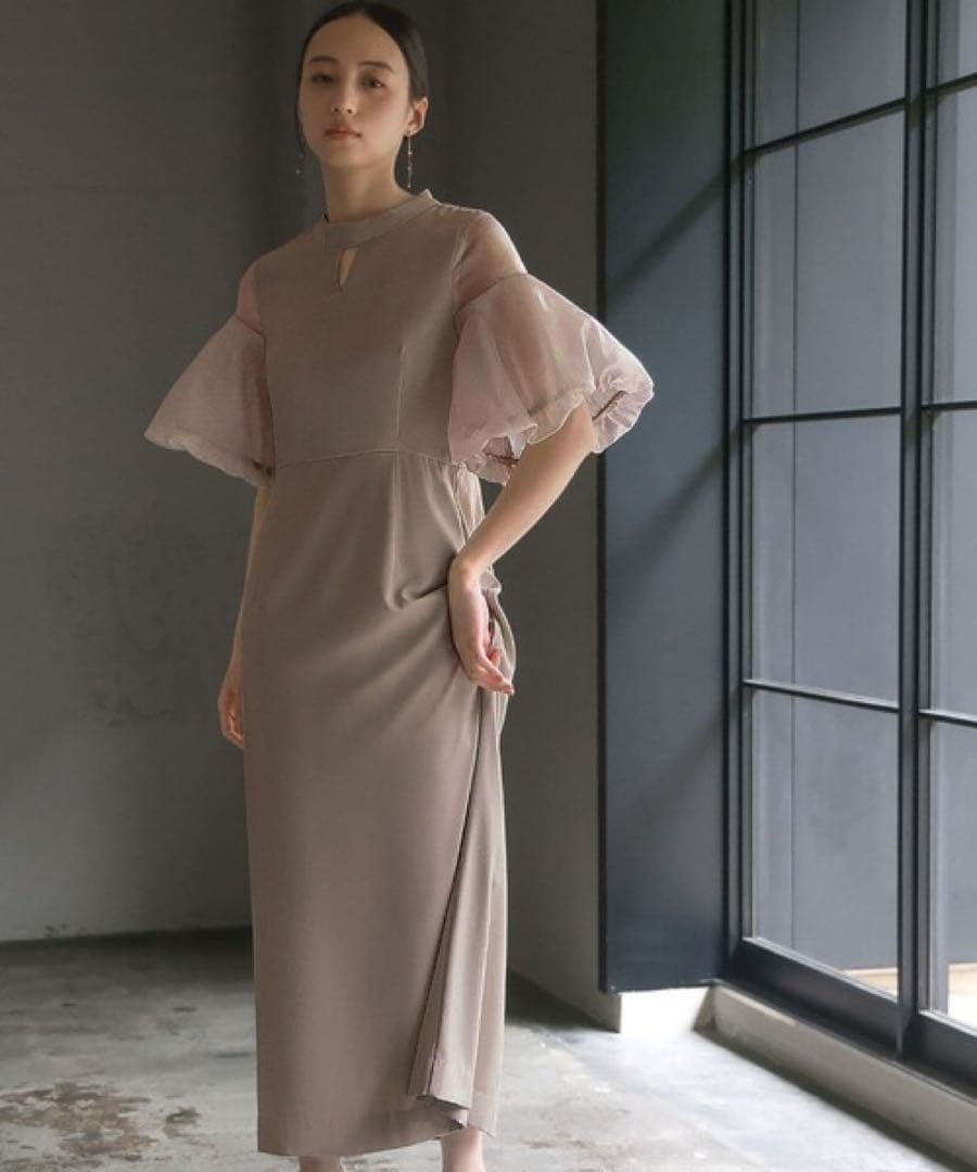 バルーン袖異素材ドッキング Iライン ロングワンピース　ドレス【GIRL】