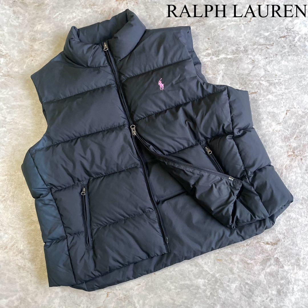 RALPH LAUREN 保温性 ロゴ刺繍 ダブルジップ ダウンベスト 黒 XL