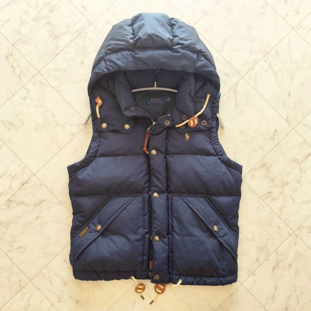 ポロラルフローレン フード レザー ポニー刺繍 ダウンベスト ネイビー
