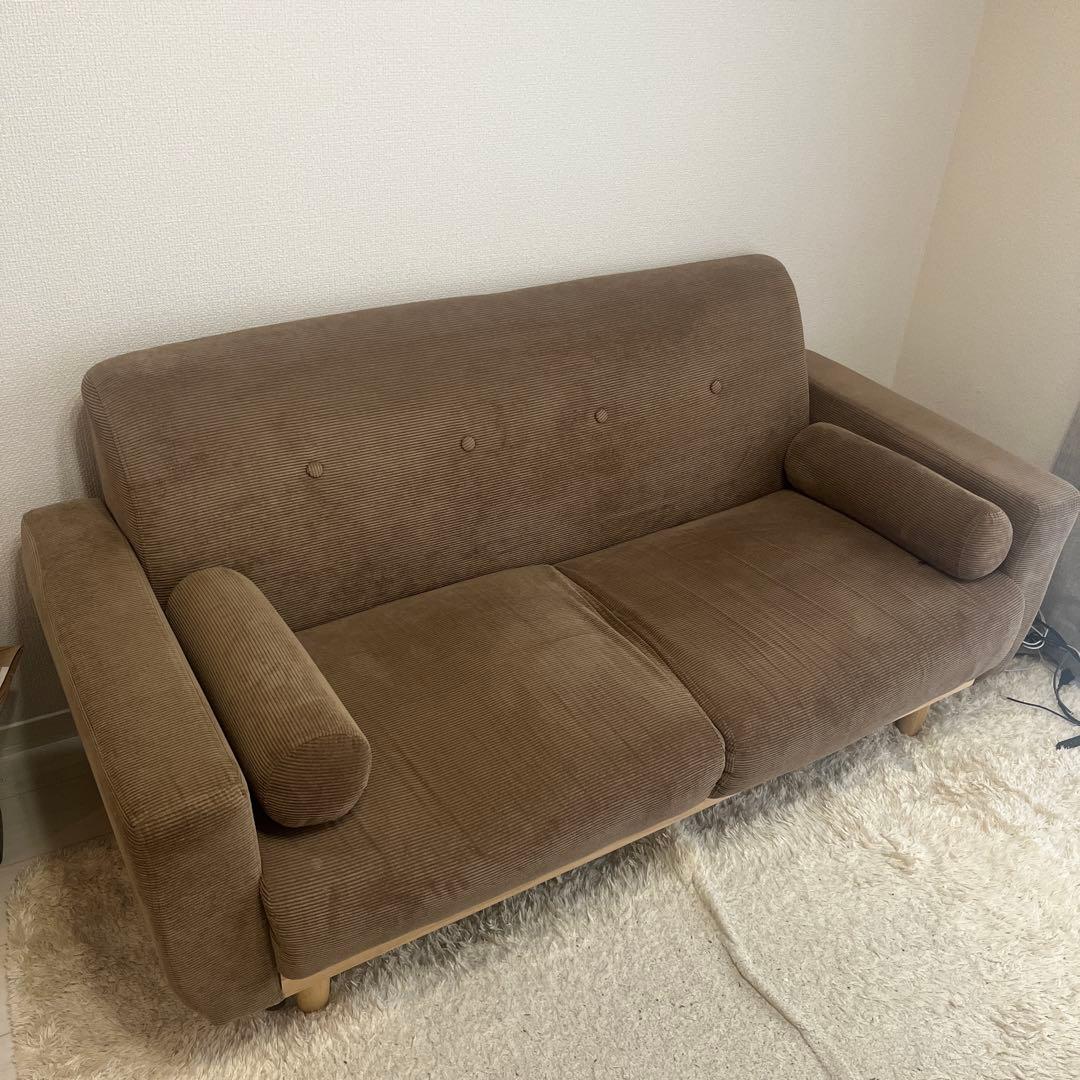 【最終値下】LOWYA 2.5人掛けソファ　モカ　コーデュロイ　天然木脚