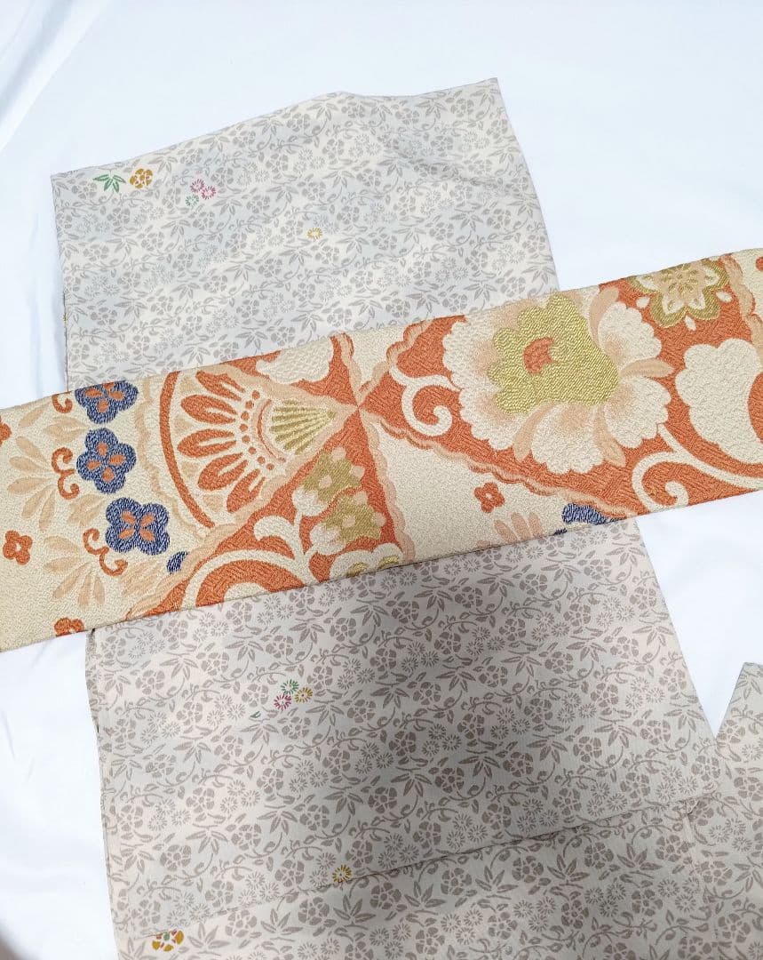 名古屋帯花柄レトロフラワーオレンジ金糸青色女和服ベージュクリーム色正絹着物帯和装