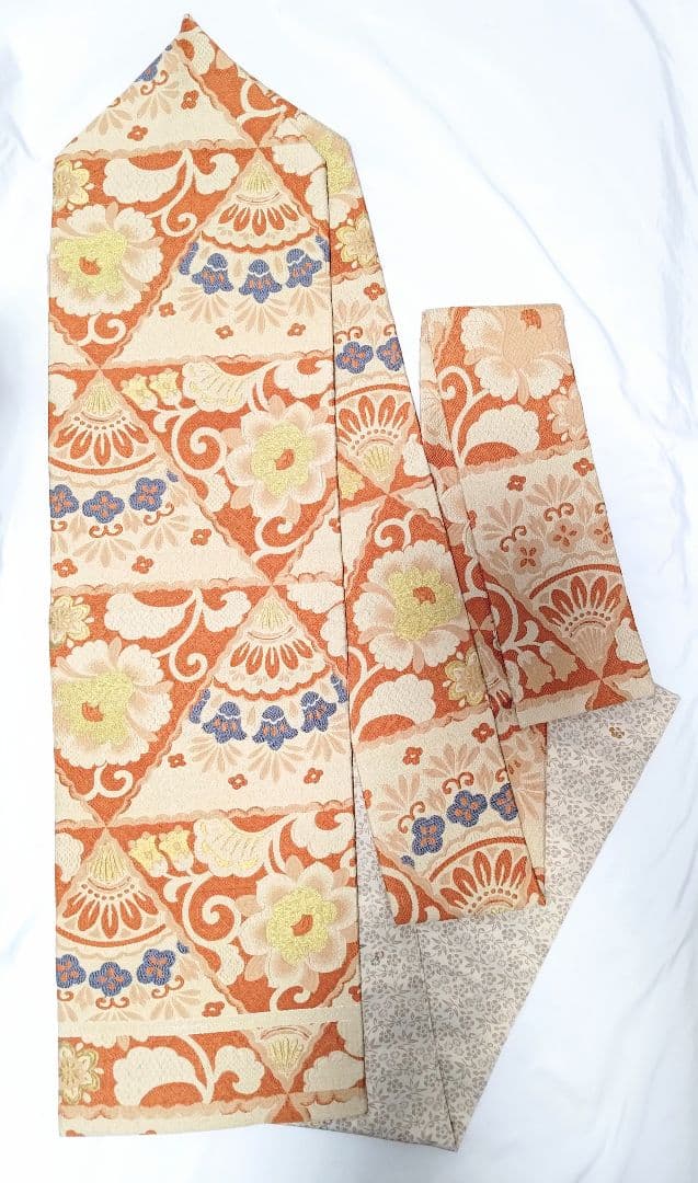 名古屋帯花柄レトロフラワーオレンジ金糸青色女和服ベージュクリーム色正絹着物帯和装