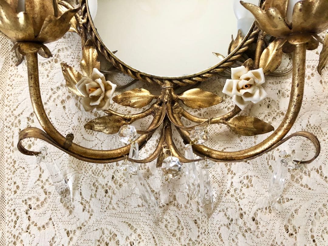 再再値下　豪華　ヴィンテージITALY 薔薇&クリスタル装飾♪燭台ランプ付壁掛鏡