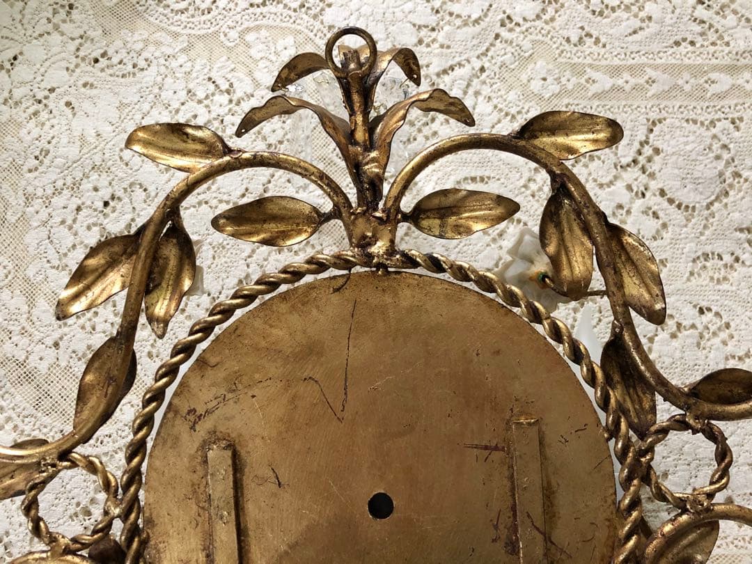 再再値下　豪華　ヴィンテージITALY 薔薇&クリスタル装飾♪燭台ランプ付壁掛鏡