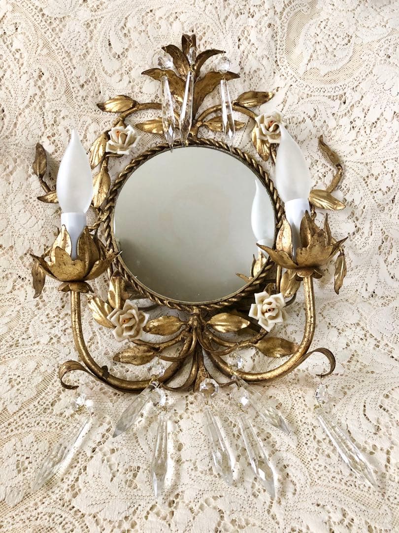 再再値下　豪華　ヴィンテージITALY 薔薇&クリスタル装飾♪燭台ランプ付壁掛鏡