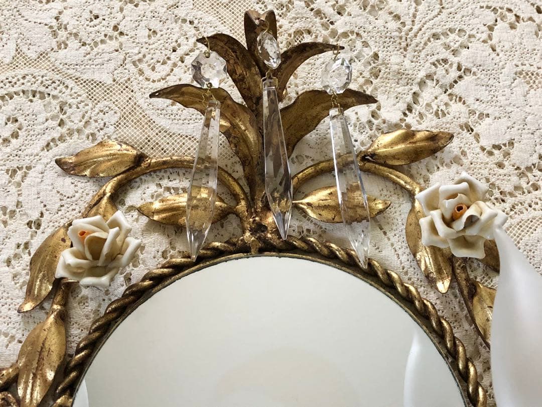 再再値下　豪華　ヴィンテージITALY 薔薇&クリスタル装飾♪燭台ランプ付壁掛鏡