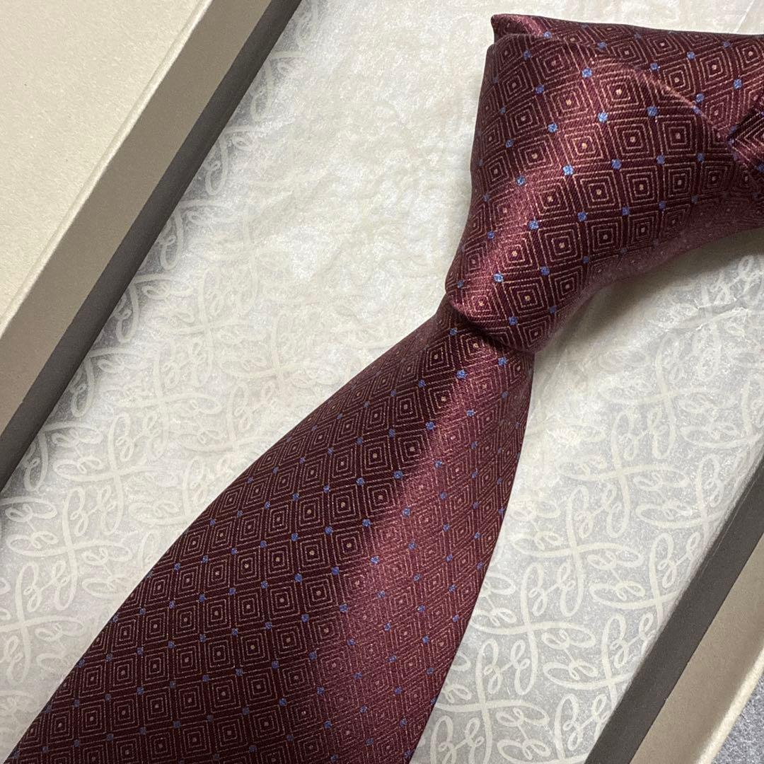美品　ブリオーニ　ネクタイ　赤茶エンジ　ドット